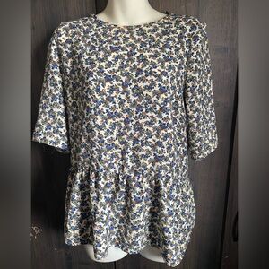 Zara Floral Peplum Top in Blue and Cream with Brown Accents